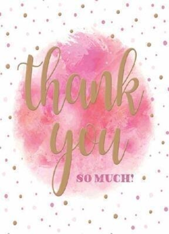 This Thank You greetings card from Paper Rose is decorated with pink and gold dots and Thank You so much! written in the centre. The card has Just a little note to say Thank You! written inside. It comes complete with an envelope and is a lovely greetings card from Paper Rose to wish someone a thank you message.
